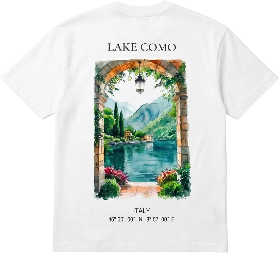Dos du t-shirt : aquarelle d'une arche de pierre ouvrant sur le lac de Côme, avec la mention Lake Como et les coordonnées GPS.